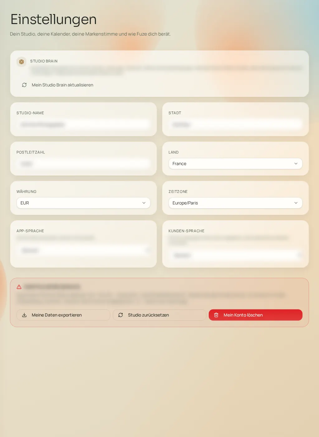 Screenshot der Fuze-Oberfläche: Kontoeinstellungen