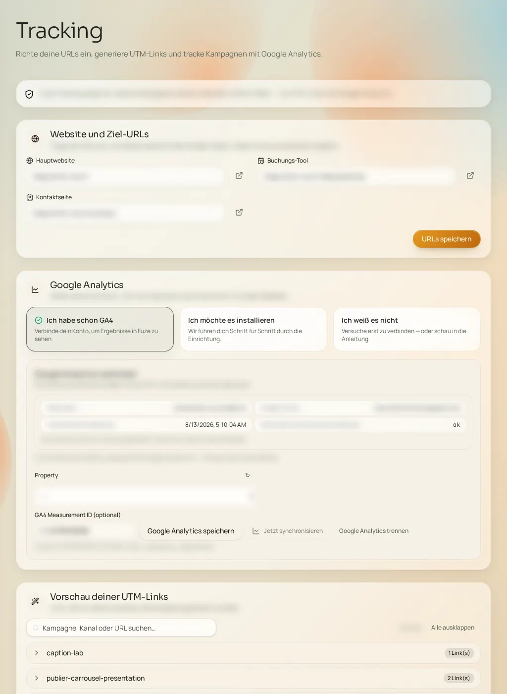 Screenshot der Fuze-Oberfläche: Buchungslinks