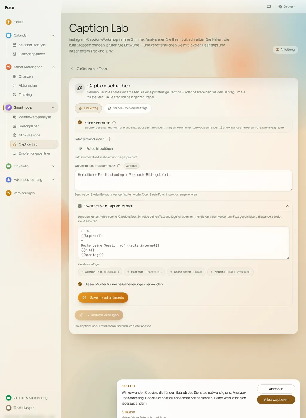 Fuze Editor für Caption-Vorlagen mit den Variablen Caption-Text, Hashtags, Call-to-Action und Website