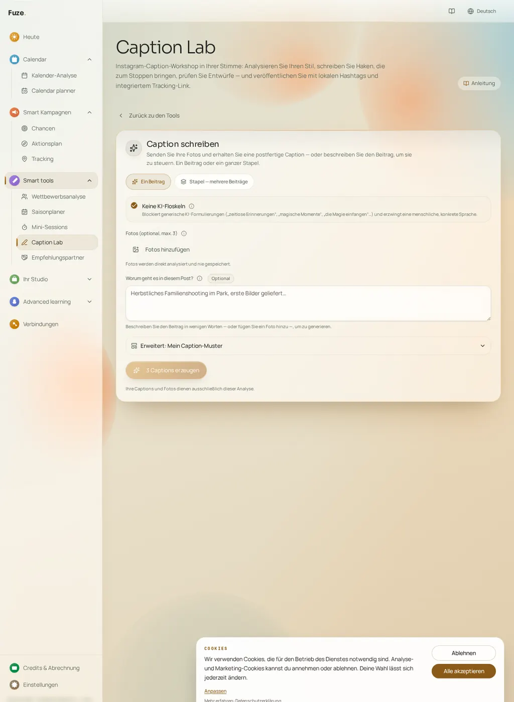 Fuze Formular zum Schreiben von Captions mit optionalen Fotos, optionalem Kontextfeld und Button für drei Caption-Varianten