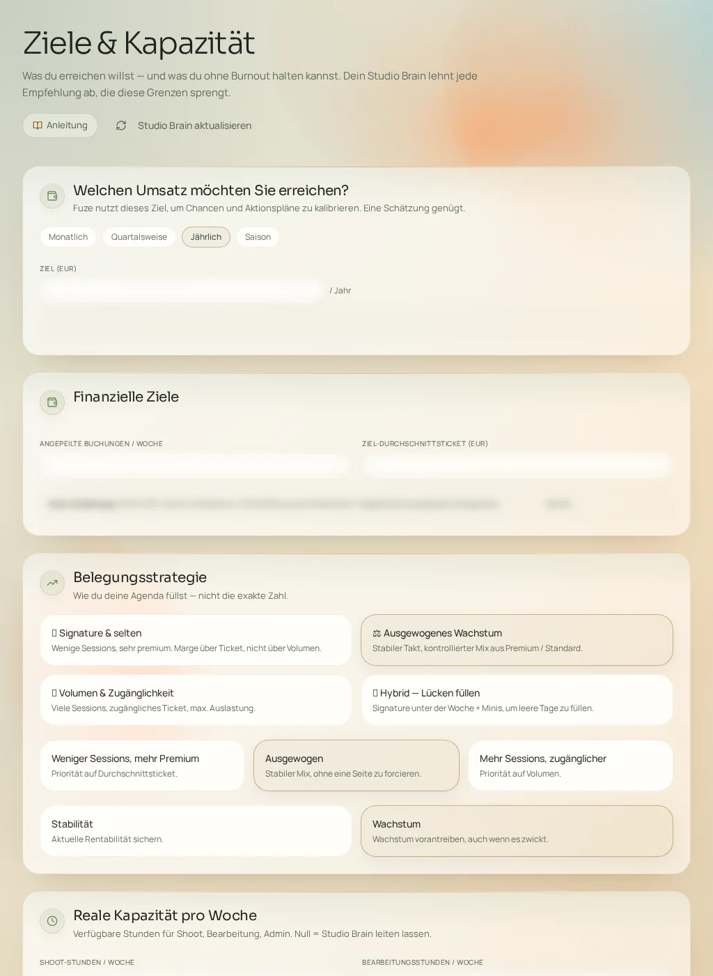 Screenshot der Fuze-Oberfläche: Ziele & Kapazität