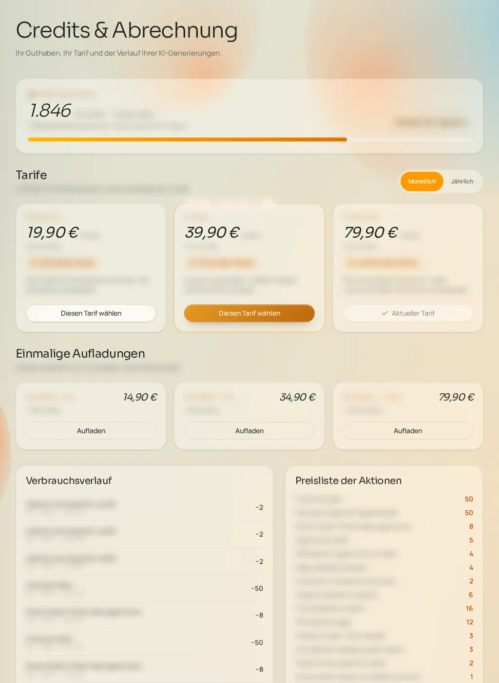 Screenshot der Fuze-Oberfläche: Pläne, Credits & Aufladungen