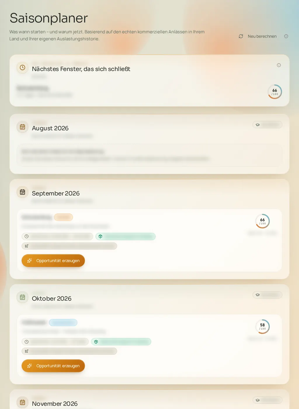 Screenshot der Fuze-Oberfläche: Saisonkalender