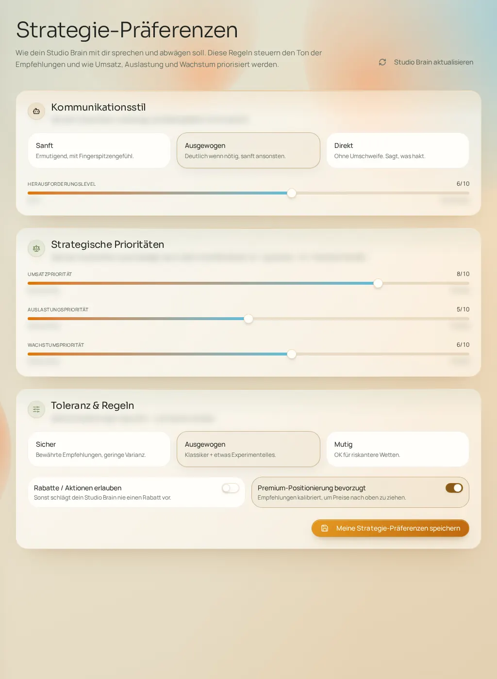 Screenshot der Fuze-Oberfläche: Strategie-Präferenzen