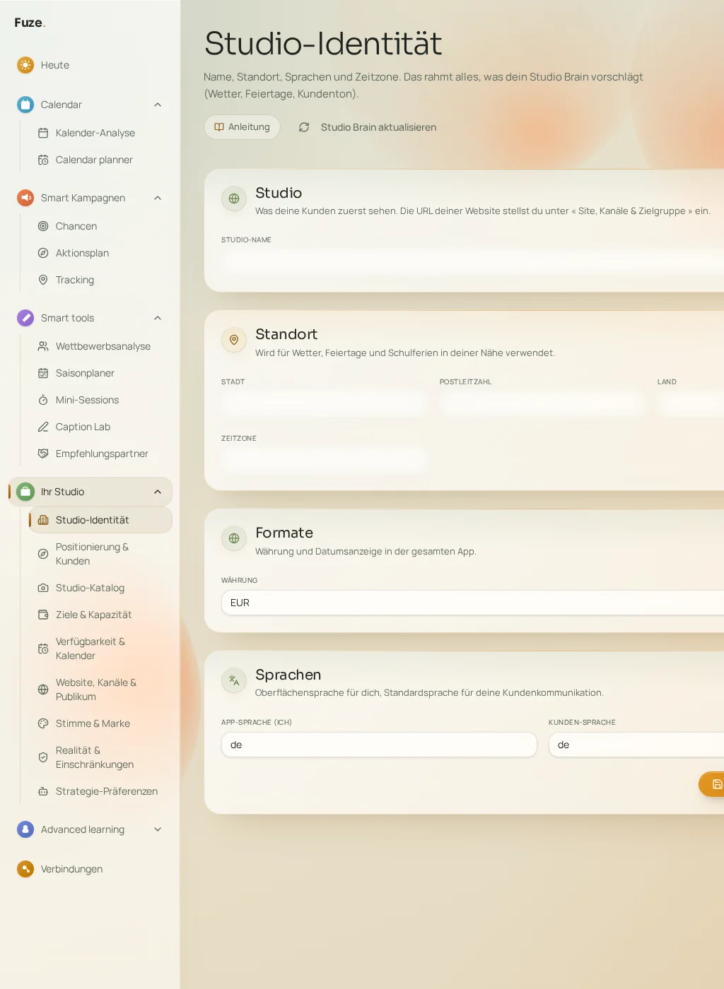 Screenshot der Fuze-Oberfläche: Identität & Positionierung