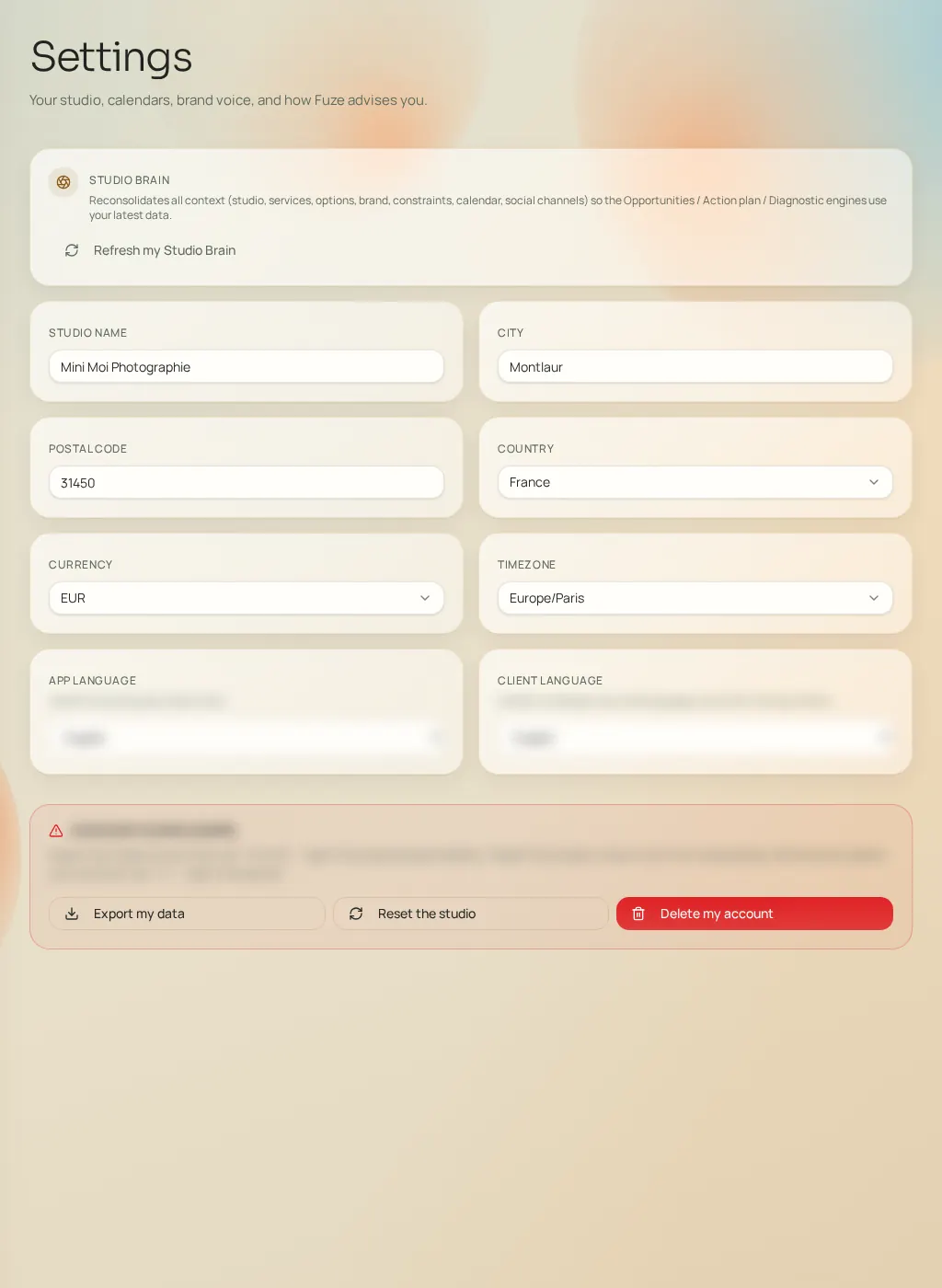 Screenshot of the Fuze interface: Account settings