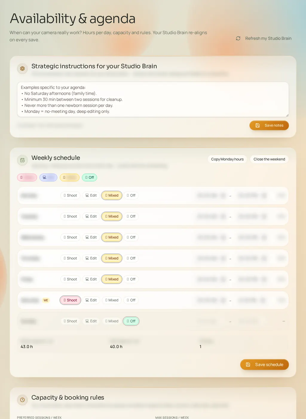 Screenshot of the Fuze interface: Availability & schedule