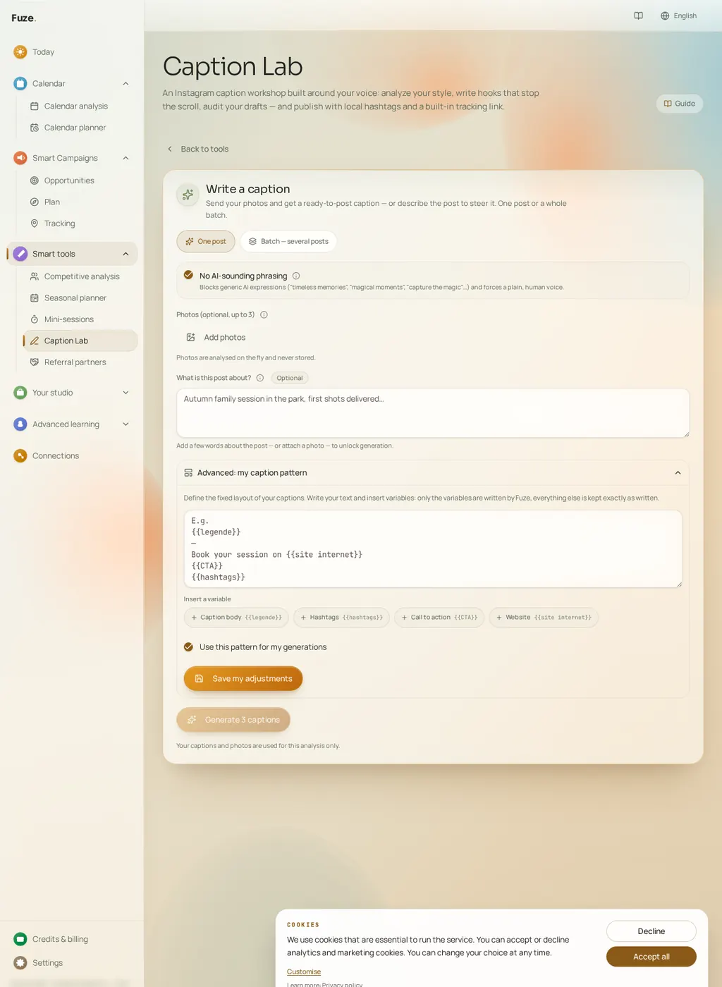 Fuze caption template editor showing the clickable caption body, hashtags, call to action and website variables