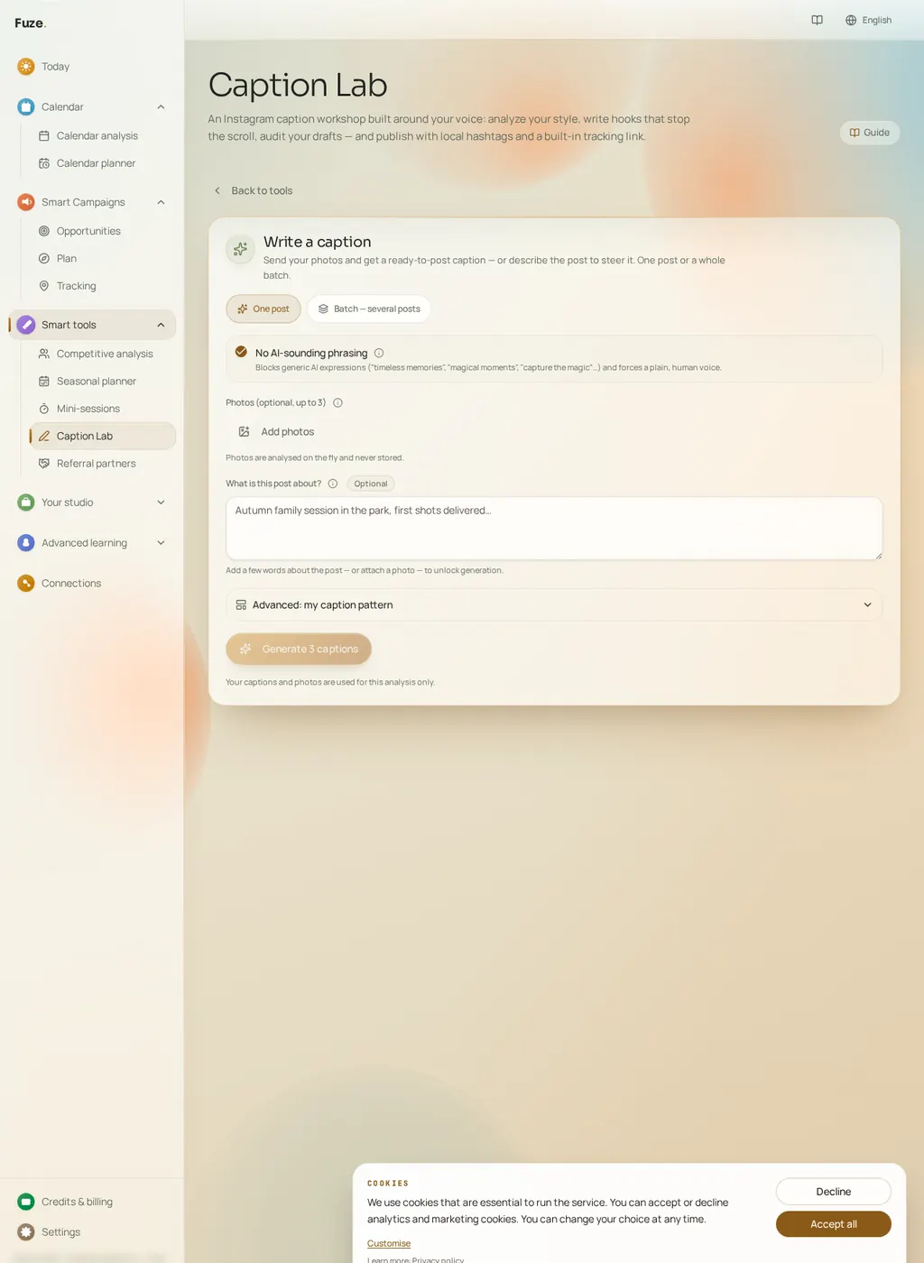 Fuze caption writing form with optional photo upload, optional context field and a button to generate three captions
