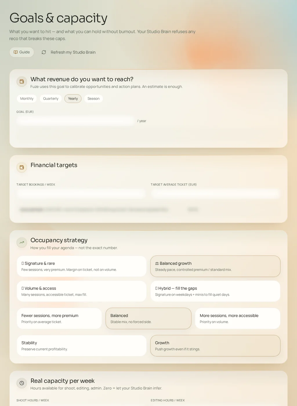 Screenshot of the Fuze interface: Goals & capacity
