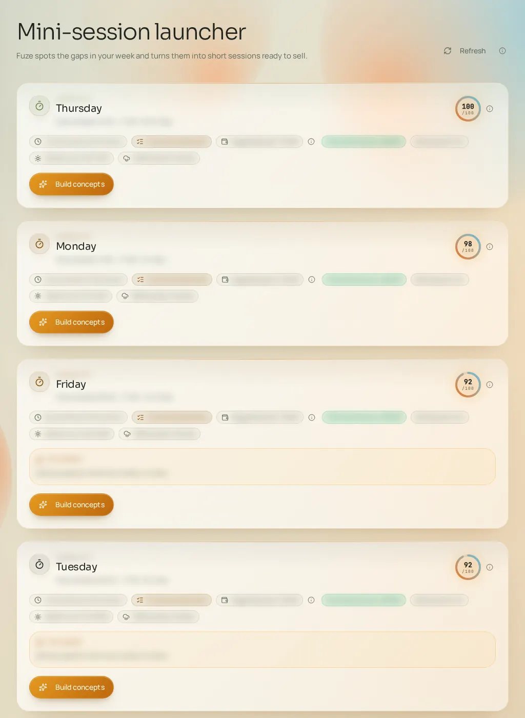 Screenshot of the Fuze interface: Mini-sessions