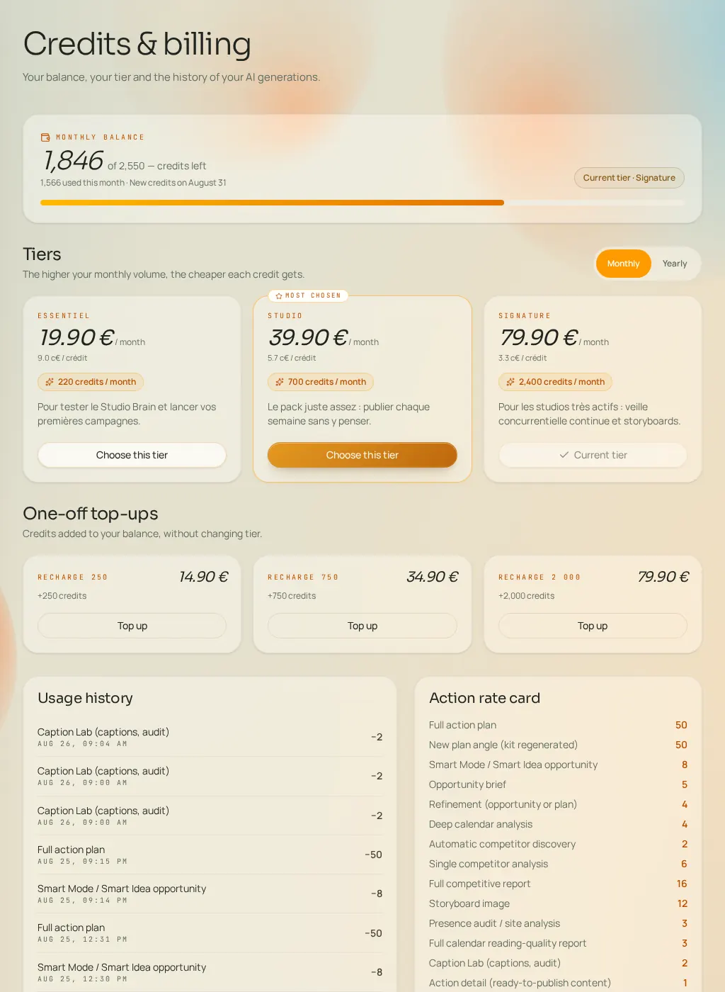 Screenshot of the Fuze interface: Plans, credits & top-ups
