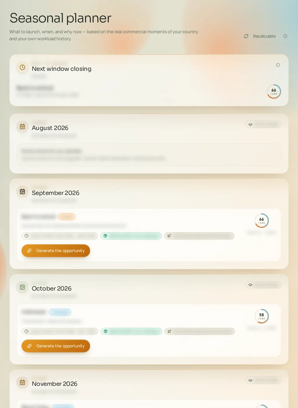 Screenshot of the Fuze interface: Seasonal calendar