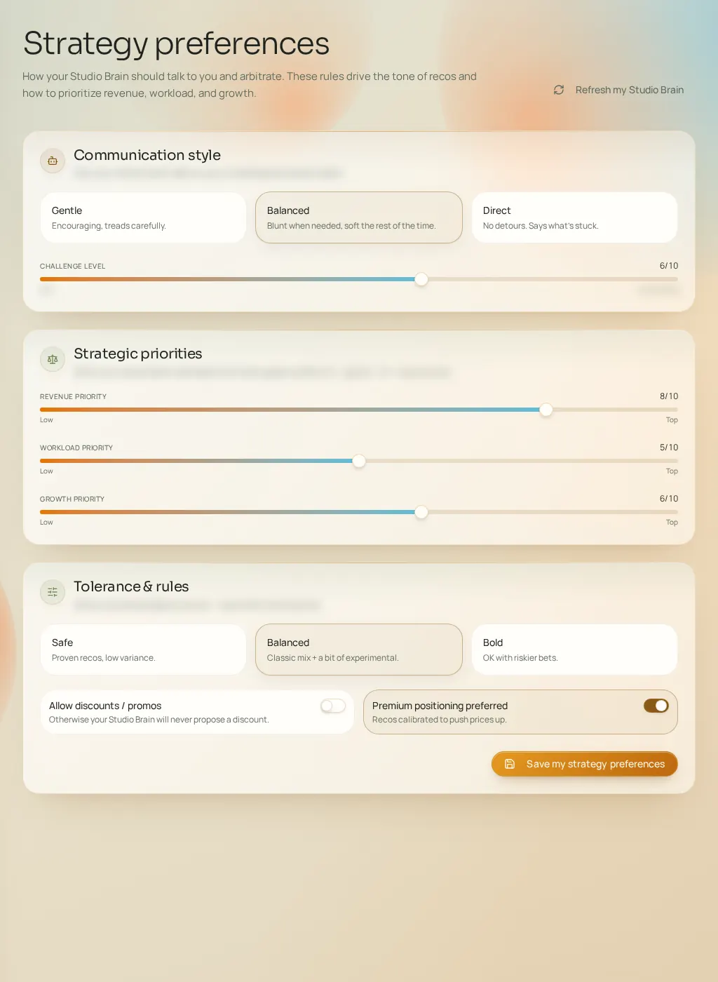 Screenshot of the Fuze interface: Strategy preferences