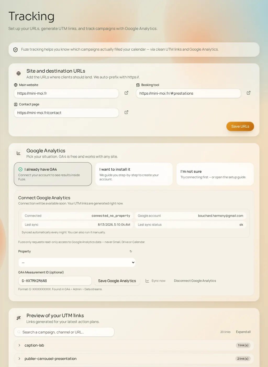 Screenshot of the Fuze interface: Tracking