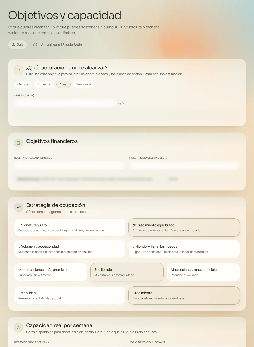 Captura de pantalla de la interfaz de Fuze: Objetivos y capacidad