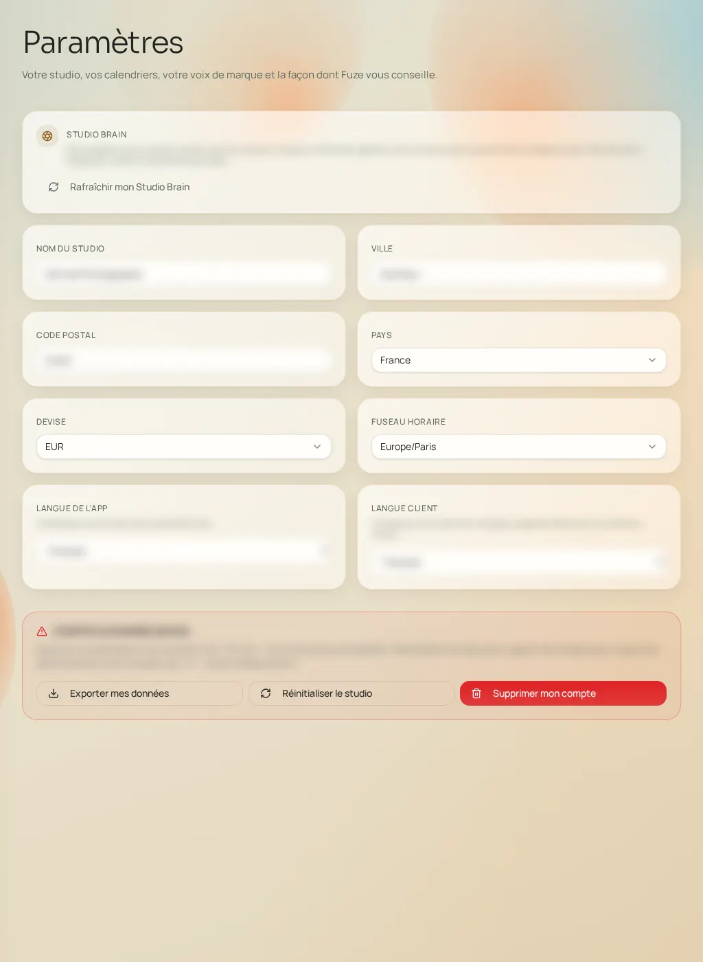 Capture d'écran de l'interface Fuze : Paramètres du compte