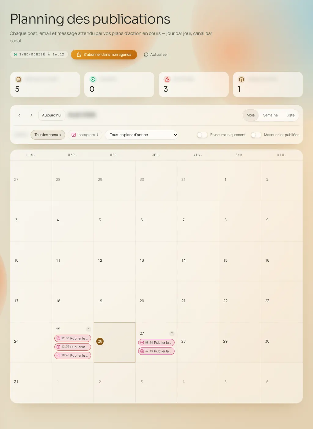 Capture d'écran de l'interface Fuze : Planning des publications