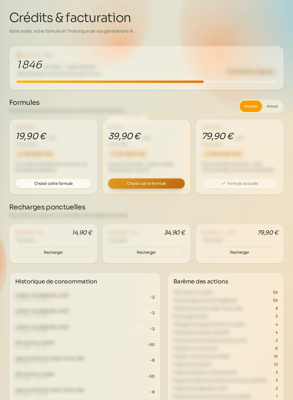 Capture d'écran de l'interface Fuze : Formules, crédits & recharges