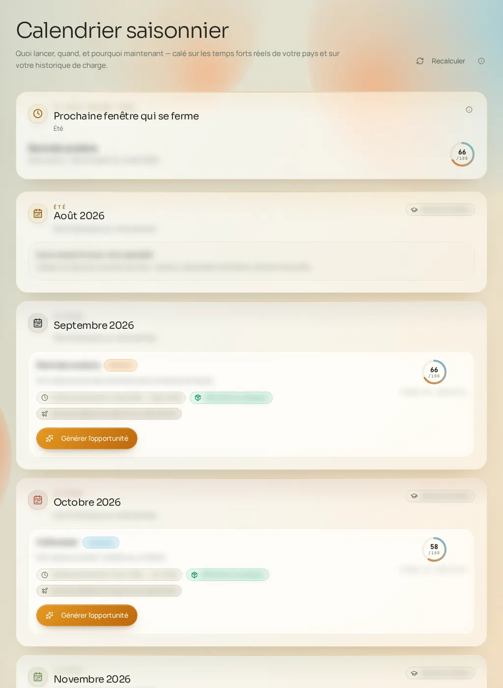 Capture d'écran de l'interface Fuze : Calendrier saisonnier