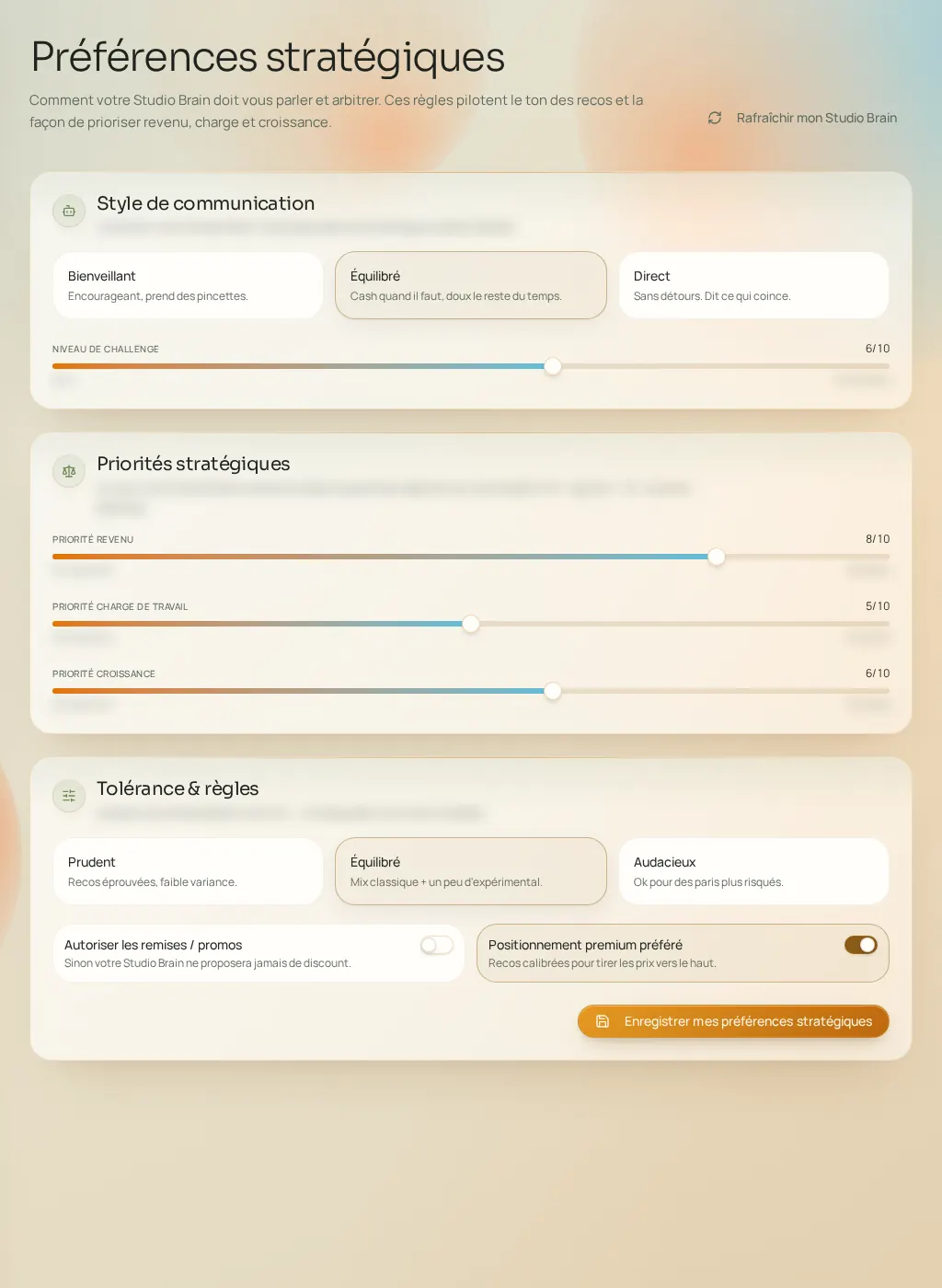 Capture d'écran de l'interface Fuze : Préférences stratégiques