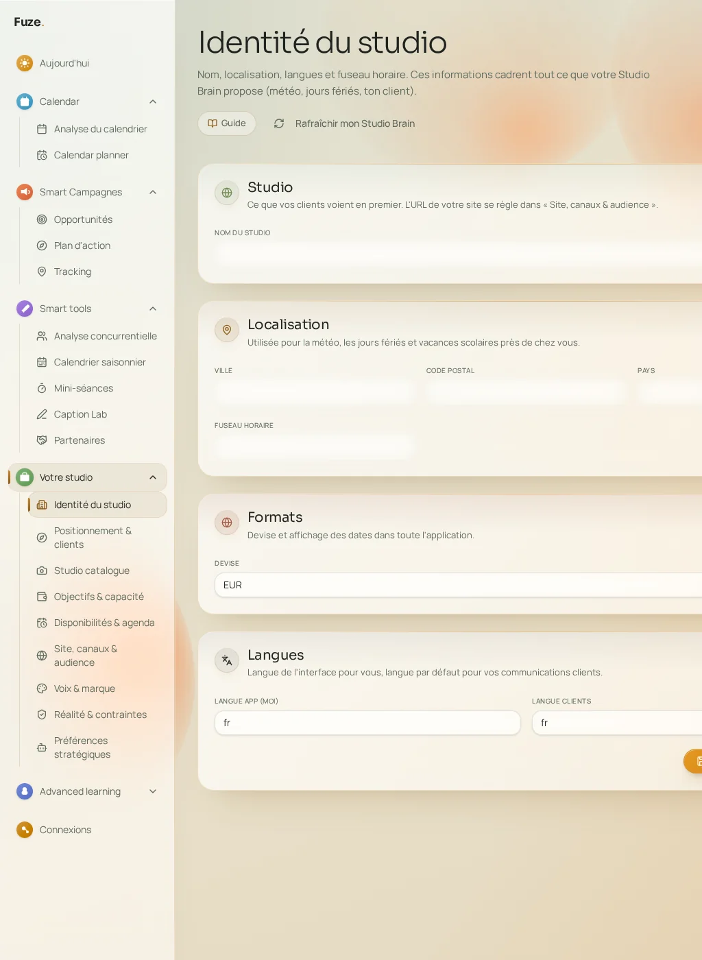Capture d'écran de l'interface Fuze : Identité & positionnement