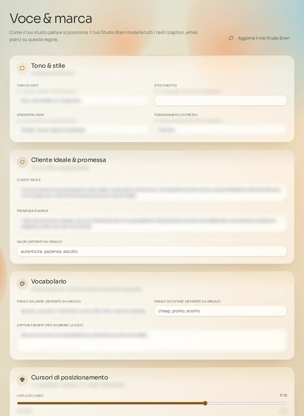 Screenshot dell'interfaccia Fuze: Voce e brand
