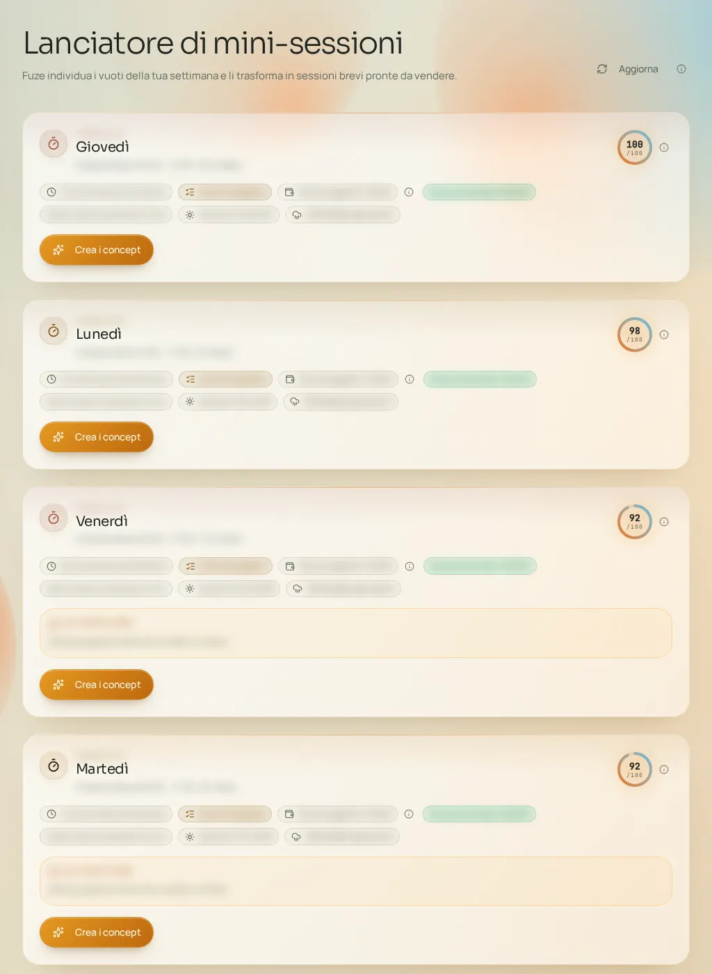 Screenshot dell'interfaccia Fuze: Mini-sessioni