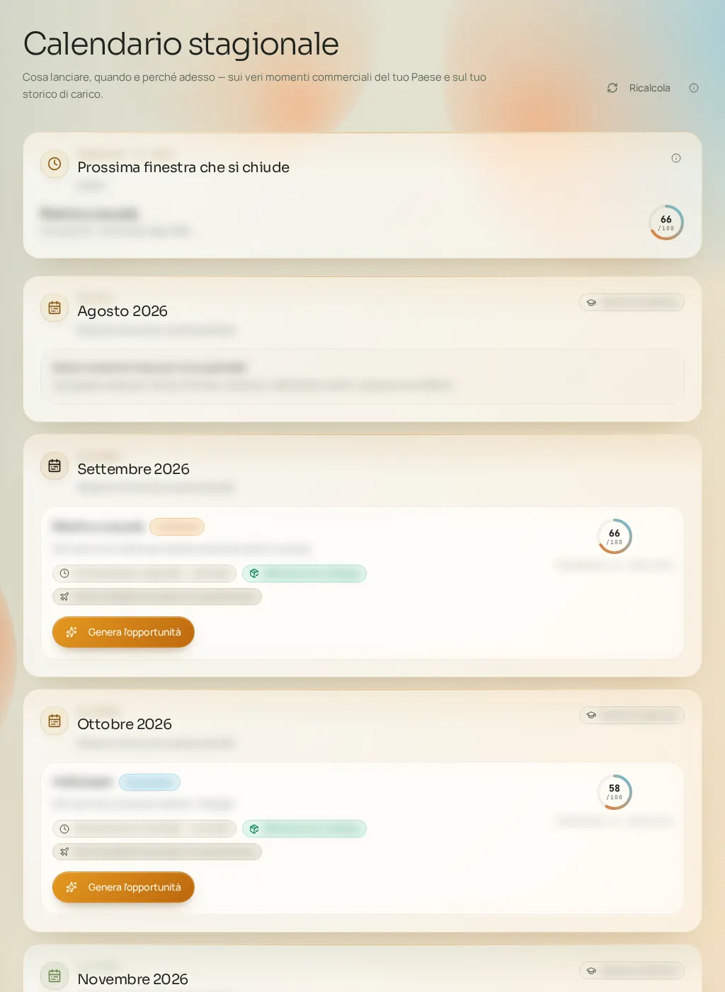 Screenshot dell'interfaccia Fuze: Calendario stagionale