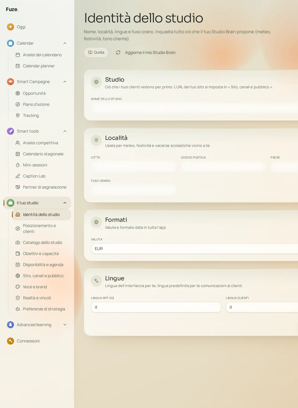 Screenshot dell'interfaccia Fuze: Identità e posizionamento