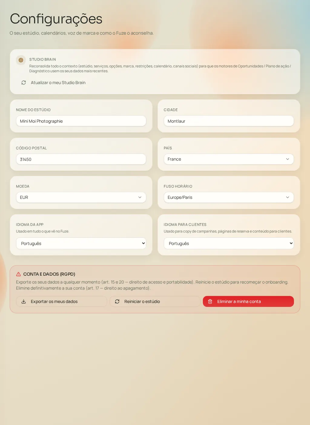 Captura de tela da interface do Fuze: Definições da conta
