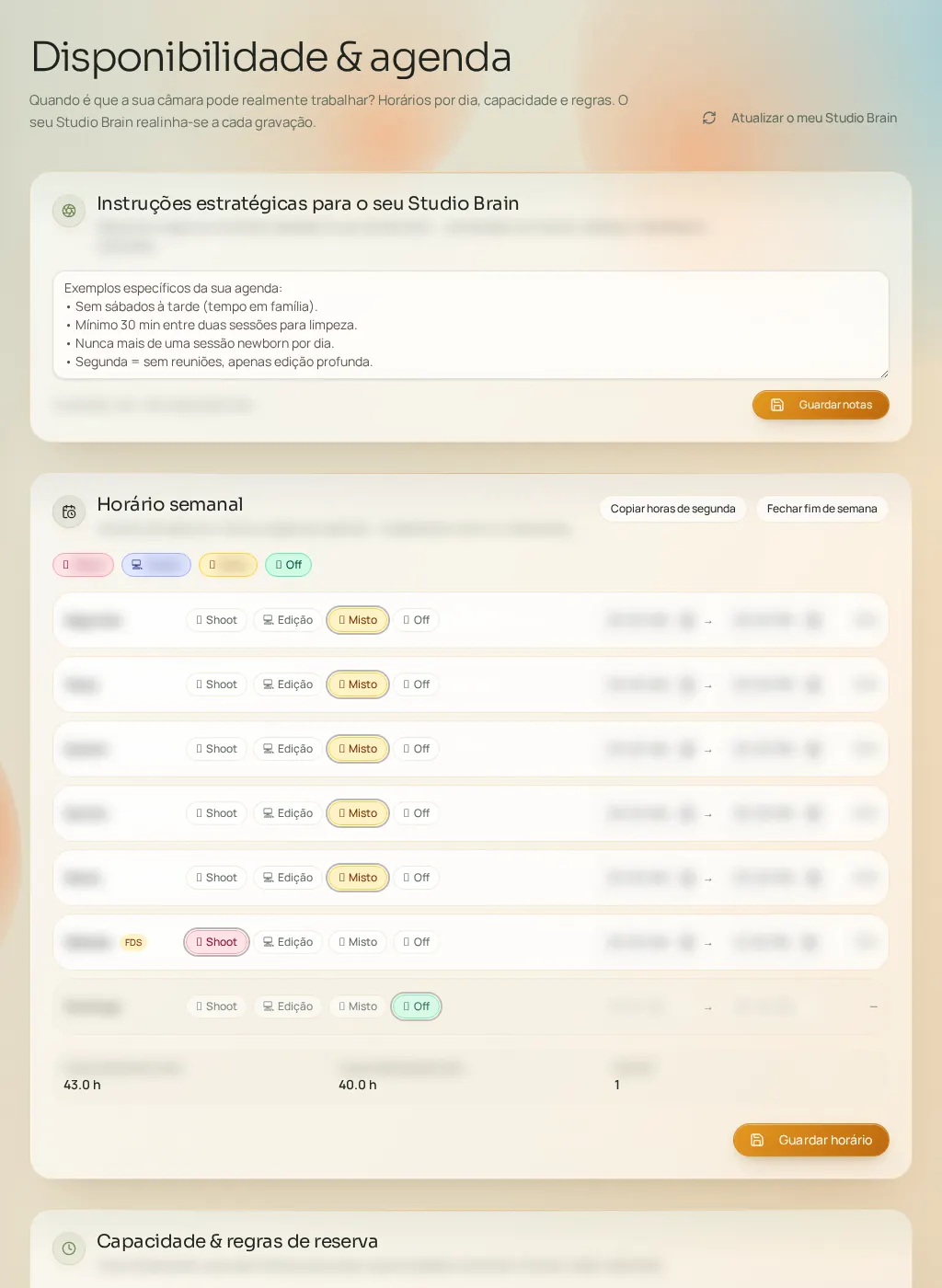 Captura de tela da interface do Fuze: Disponibilidade e agenda