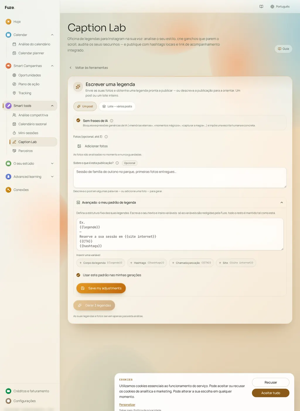 Editor de modelo de legenda da Fuze com as variáveis corpo, hashtags, chamada à ação e site
