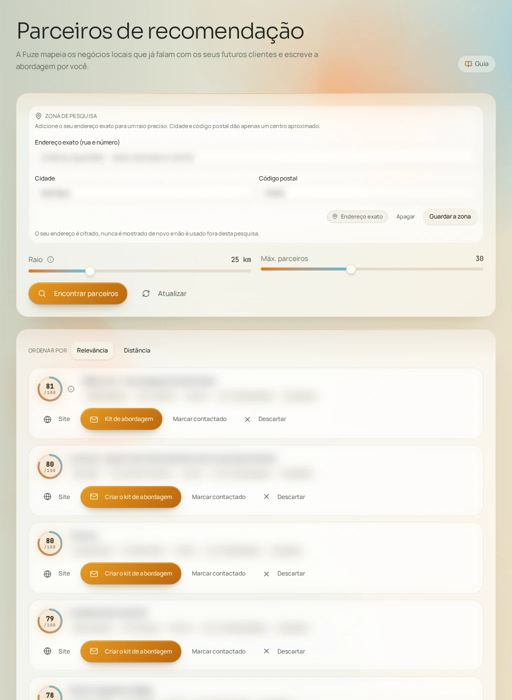 Captura de tela da interface do Fuze: Parceiros de recomendação