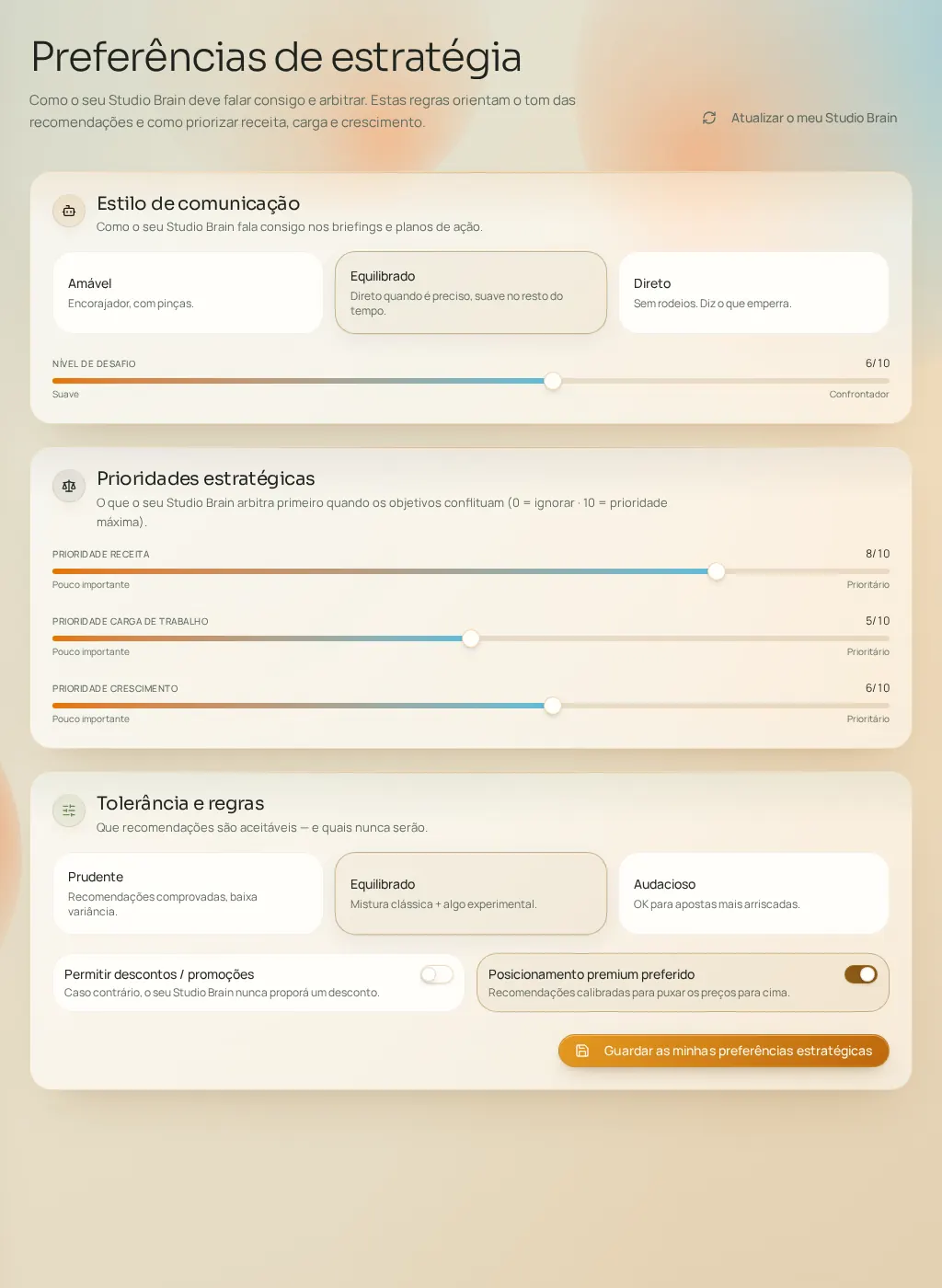 Captura de tela da interface do Fuze: Preferências estratégicas
